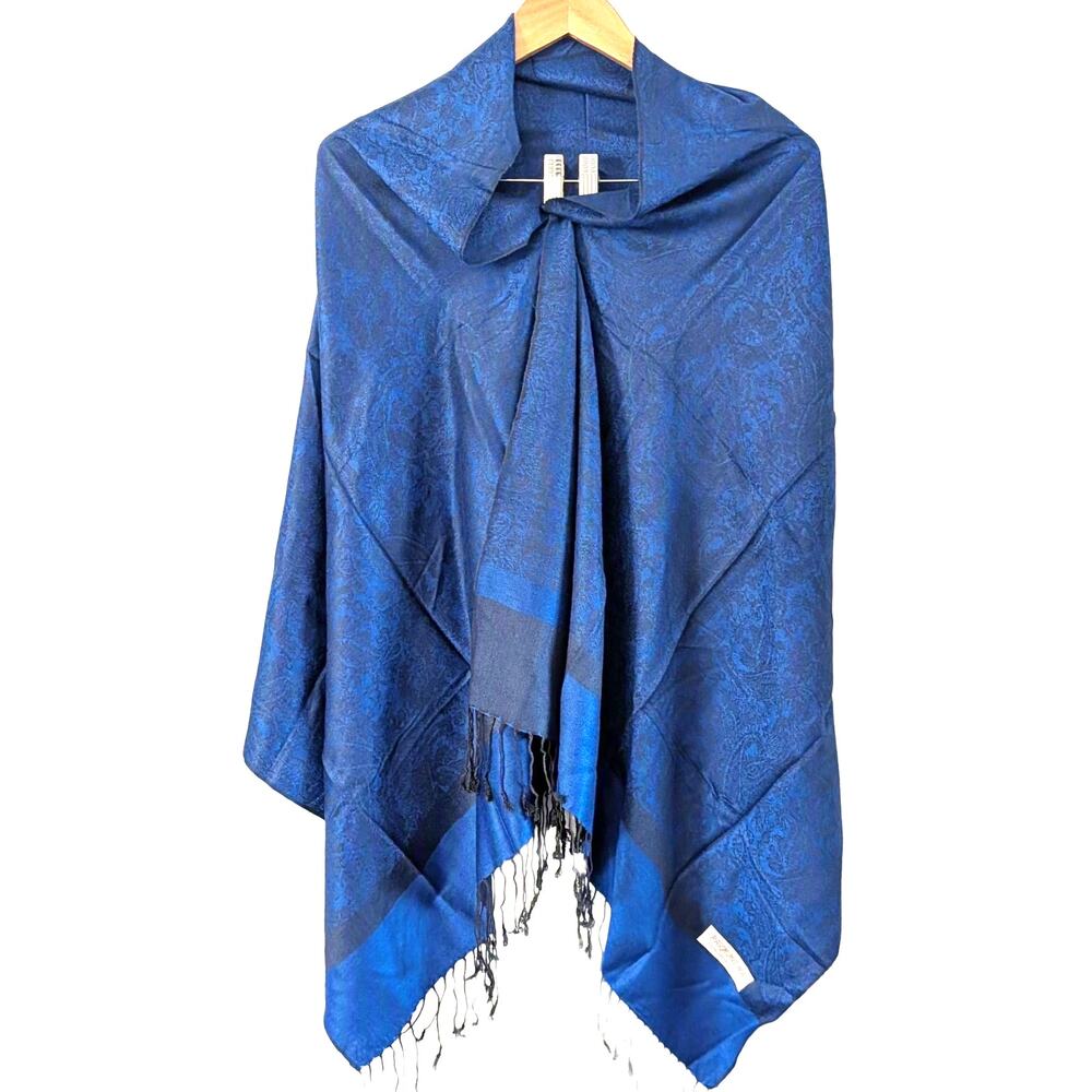 70% Pashmina 30% Silk Blue Black Paisley Shawl Wrap Fringe Scarf